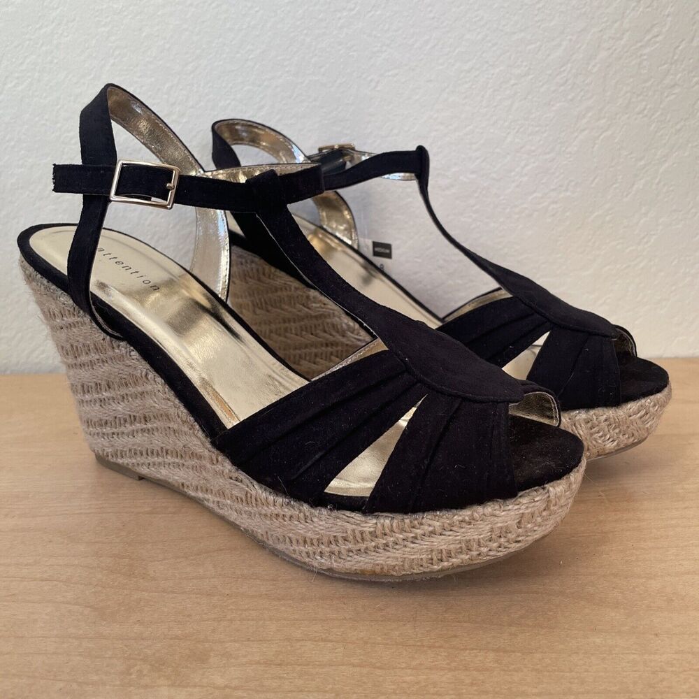 NEW Attention Women's Horizon Sz 8 Black Gold Velvet Wedge Heel Shoes With Tags